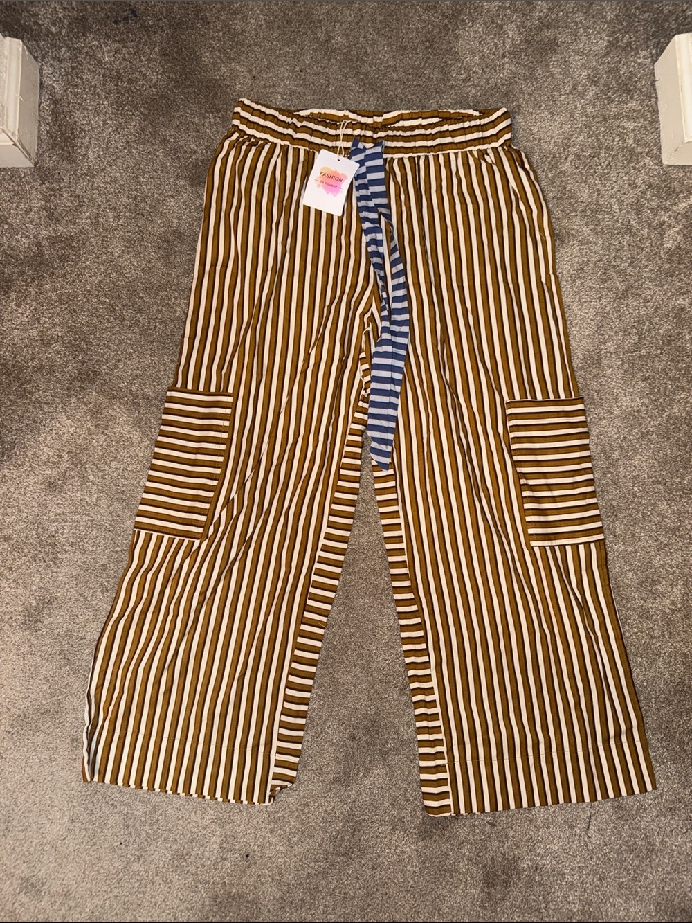 Striped Wide-Leg Pants in Brown & White with Contrast Drawstring